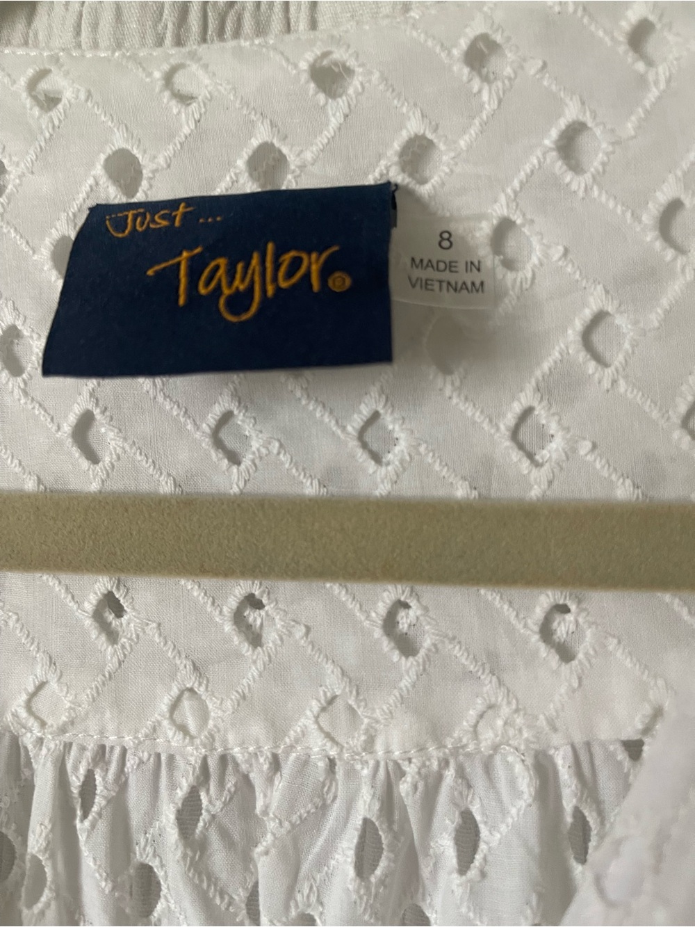 Just...Taylor White Eyelet Dress with Green Tag Accent